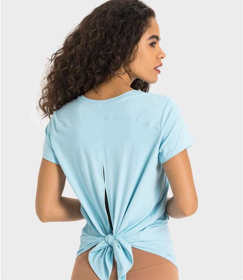 

lu-359 Back Tie Butterfly Strap Yoga Tops Short Sleeve Fashion Skin-friendly Quick Dry Breathable Sports Fitness Top Women, Light blue