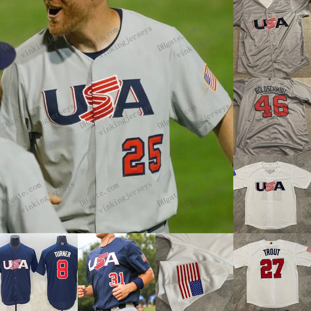 

Team USA Jerseys Baseball 2023 World Baseball Classic Mike Trout Nolan Arenado Mookie Betts Pete Alonso Paul Goldschmidt Clayton Kershaw McCutchen McCutchen, Flexbase grey