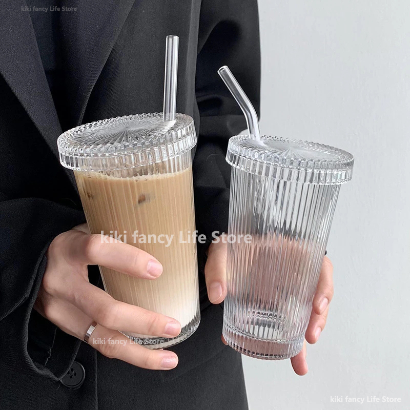 

Tumblers 375Ml Simple Stripe Glass Cup With Lid and Straw Transparent Bubble Tea Juice Beer Can Milk Mocha s Breakfast Mug 230320, With lid and straw 2