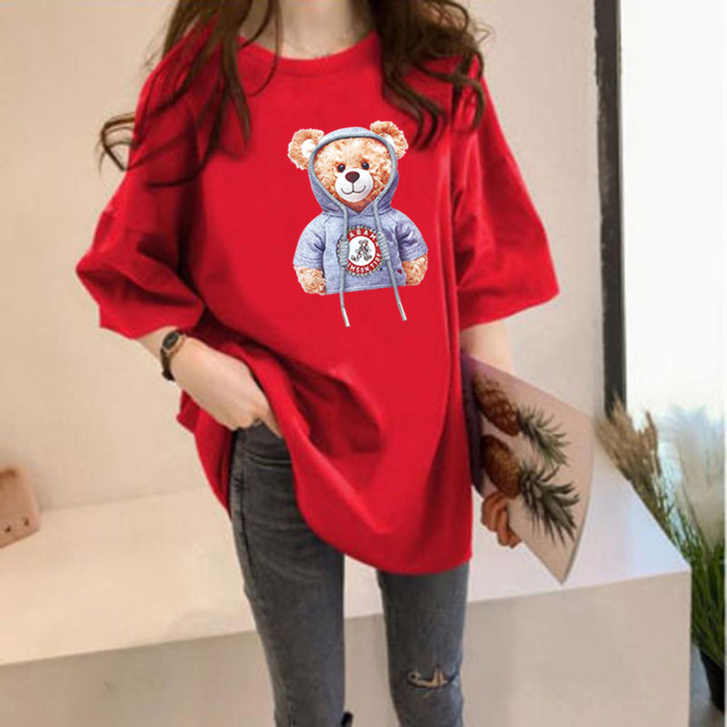 

Fashion Designer Women's T-shirt Summer New Korean Loose Fit Women's Cartoon Slouchy Little Bear Print Student Short Sleeve T-shirt Mens T Shirt, Purple
