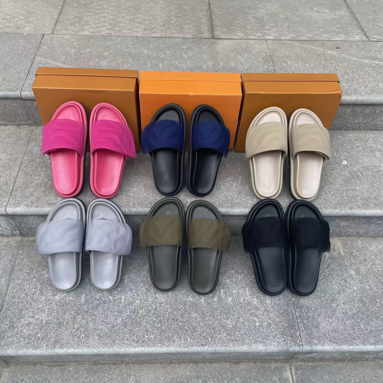 

Designer fashion slipper luxury Embossed slippers calf leather women sandal pillow comfortable sandals hook loop fastener mule slippers rubber size 35-45