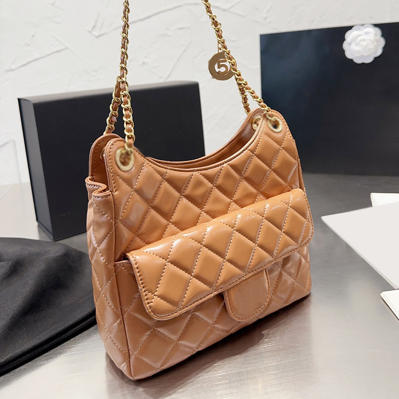 

Women Designer Coin Croissant Hobo Bag Camel Oil Wax Pearly Pink Classic Quilted Diamond Lattice Purse Gold Metal Hardware Matelasse Crossbody Shoulder Handbag 23C, Box