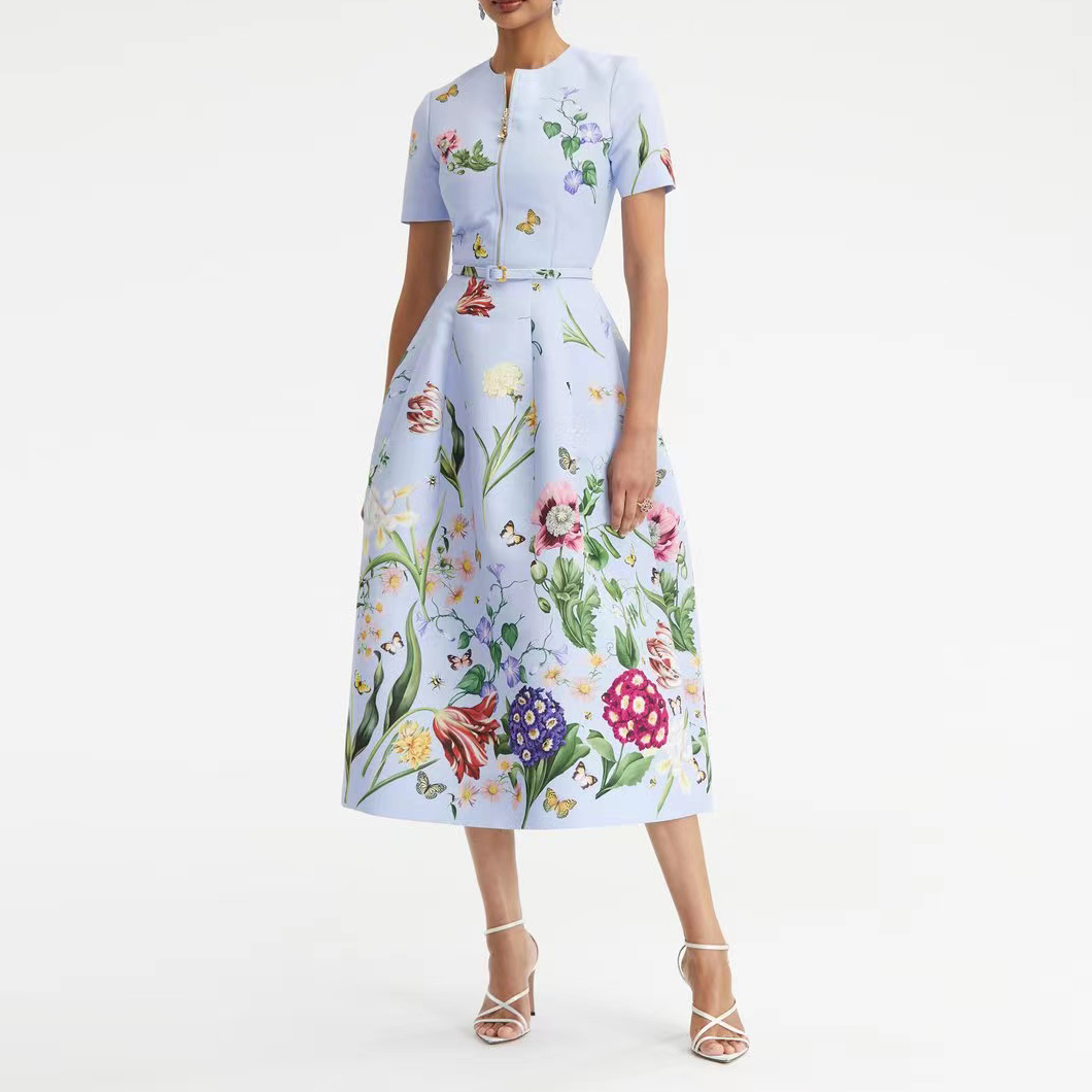 

American designer dress floral printed Early Spring Holiday New Line Dress, Blue