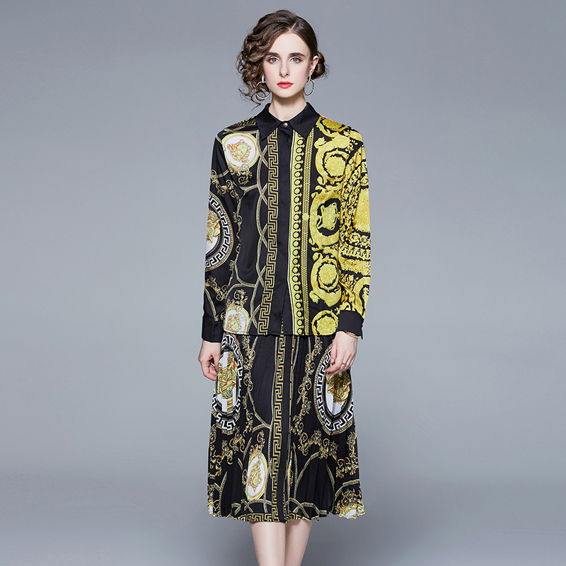 

Baroque Floral Dress Sets 2023 Designer Two Piece Women Graceful Shirt and Pleated Skirts Holiday 2 Piece Prom Dresses Long Sleeve Office Lady Slim Fit Stylish Set, Customize