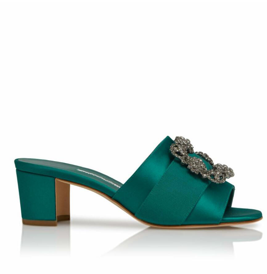 

23S Fashion Summer Martanew Satin Sandals Shoes For Women's Jewel Buckle Square Crystal Mules Slip-on Block Heels Lady Sexy Walking Shoe