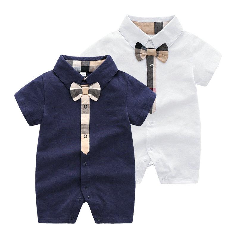 

Fashion all-match baby romper pure cotton baby clothes knitted short-sleeved gentleman newborn baby clothes summer closed file full moon, Blue long sleeve