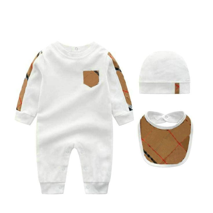 

100%cotton baby Rompers boy girl 1-2 years old newborn luxury Newborn Long sleeve short sleeves kids designer jumpsuit hat Bibs 3 piece set, White short sleeve