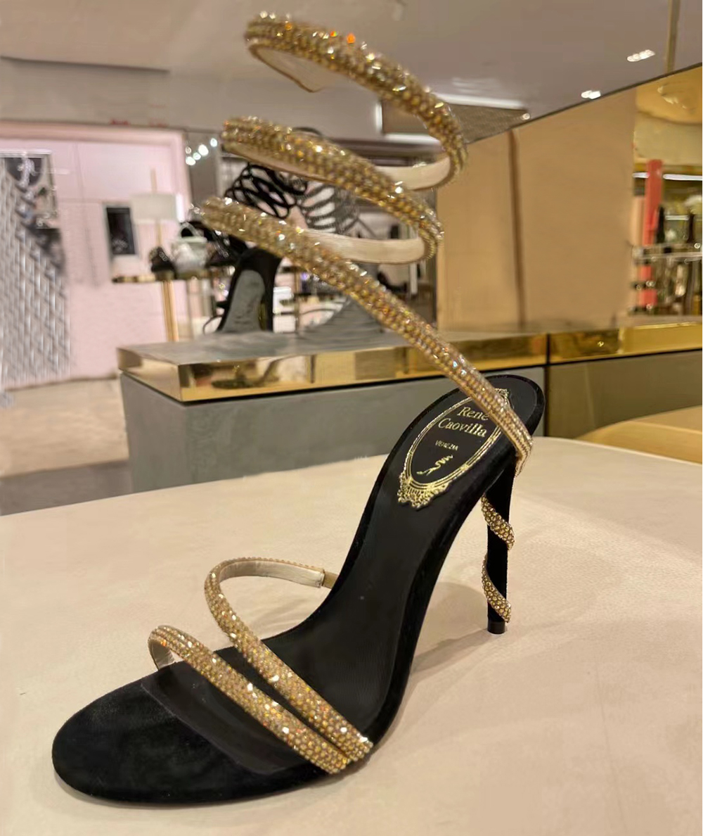 

Rene caovilla Snake stiletto Heel sandals Evening shoes Chandelier crystal-embellished sandals women high heeled Luxury Designers Ankle Wraparound shoe, 11#