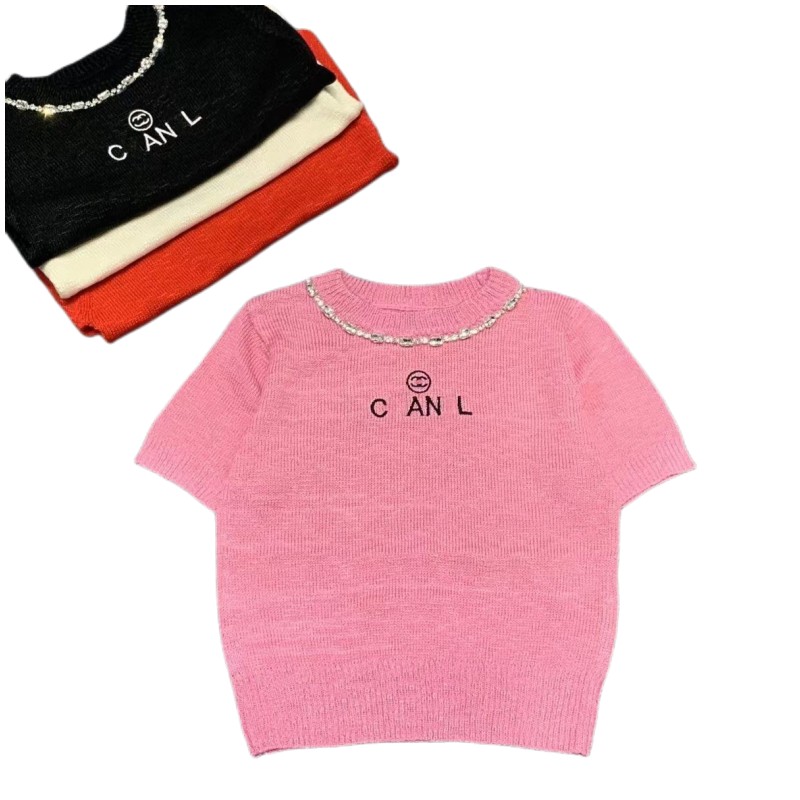 

Women' T-Shirt women' knits New designer womens t shirt high-end loose comfortable sexy women top jacquard knit short-sleeved fashion temperament knitted top, Beige