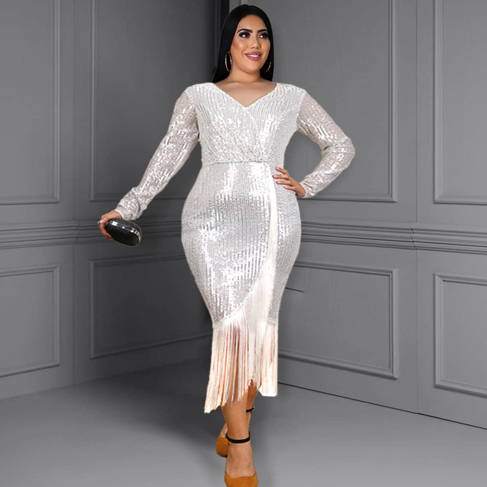 

Glitter Party Dresses Silver Sequin Long Sleeve Slit Tassel Dress Bodycon Elegant Women Fringe Cocktail Event Occasions Outfits
