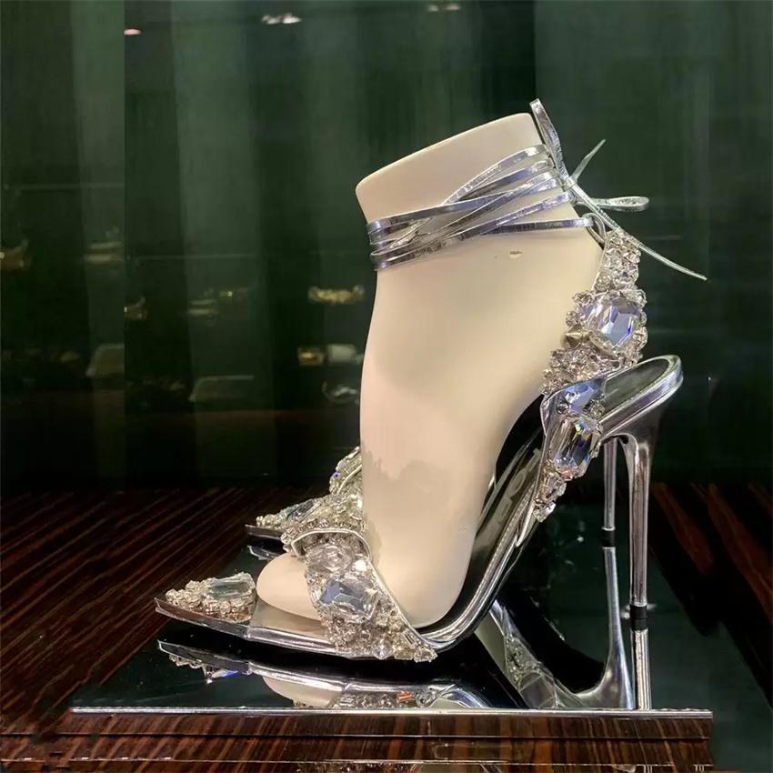 

New Diamond ankle strap Sandals Summer Women Leather Mules pointed stiletto heel Sandal Sexy Party wedding dance shoes Ladies, Green