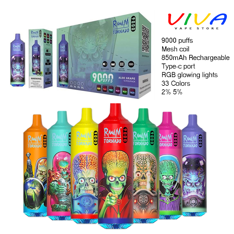 

Authentic RandM E Cigarette Kit Tornado 9000 Rechargeable Disposable Vapes 33 Flavrs Mesh Coil RGB Glowing Light Vapes Device, Remark flavrs