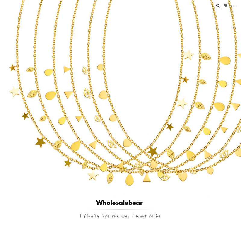 Multi accessories star heart triangle Leaves Pendant charms Necklaces women titanium steel plated 18K genuine gold necklace
