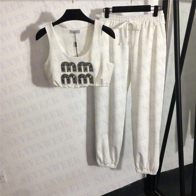 

Rhinestone Letter Tanks Tops Sweatpants Womens Sports Suits Designer Fashion Sleeveless Vest Running Gym Yoga Wear, White