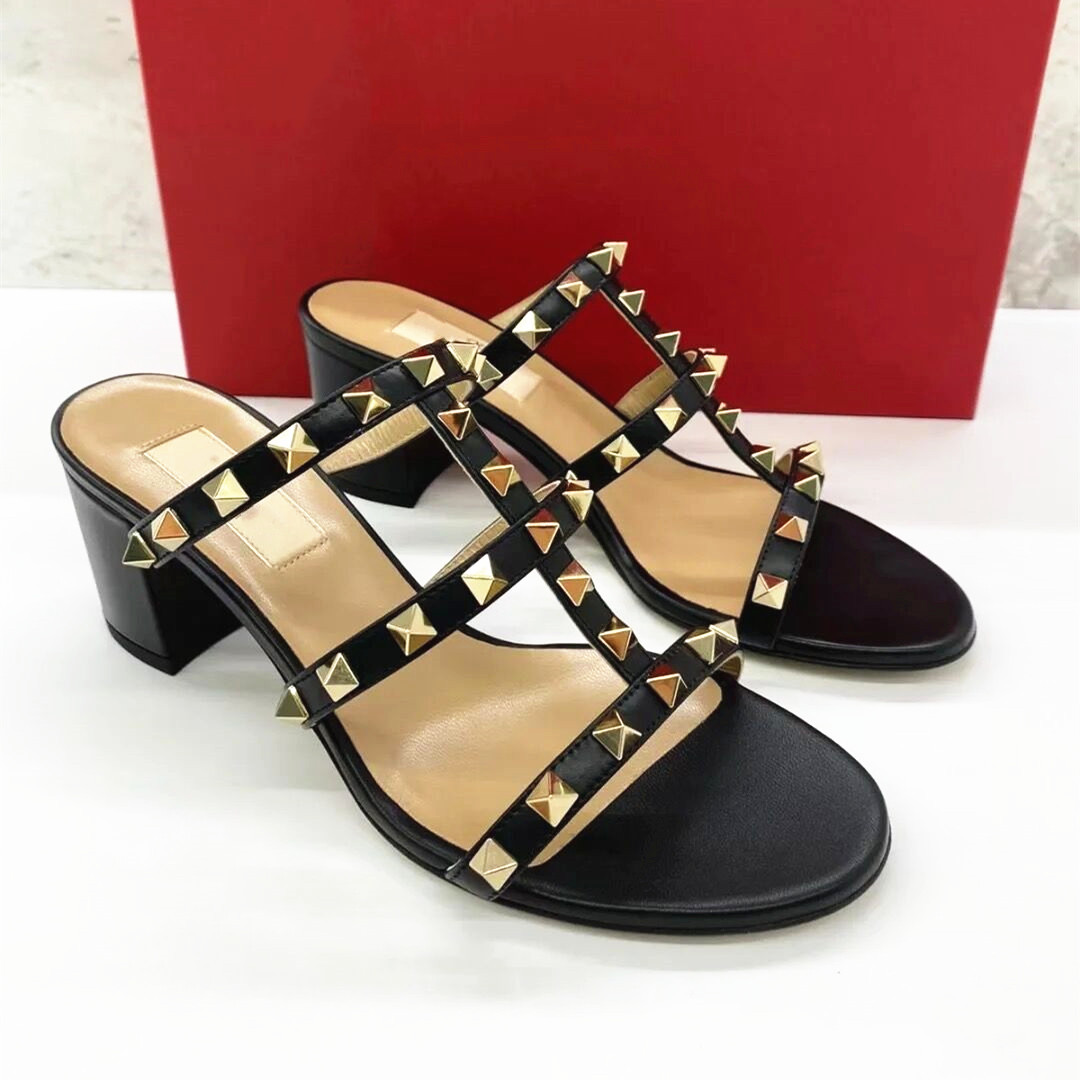 

Sandals for Women High Heels Rivets Slippers 6cm Thick Heel Peep Toe Summer Genuine Leather Flat Slipper Black Nude Women's Wedding Shoes with Dust Bag 34-44, Gold lichee pattern