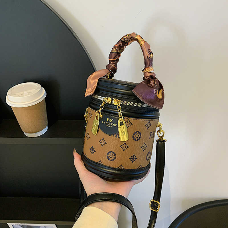 

Messenger Bags Cylindrical bag Women's 2023 New Fashion Scarf Handheld Bucket Single Shoulder Crossbody Flower Rice, Brown14