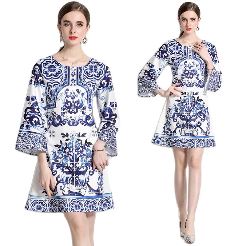 

European Women Vintage Printed Short Dress Fashion Round Neck Flare Sleeve 2023 Designer Runway Women Casual Day A-Line Mini Dresses Elegant Resort Beach Clothes, Contrast color