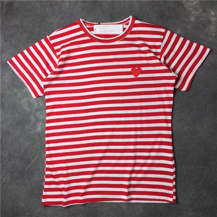 

Men's T-Shirts European American and Japanese women red stripe red heart embroidered cotton T-shirt autumn round neck female pure short sleeve T-shirts, 01