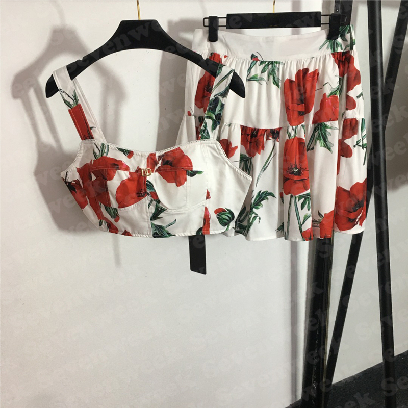 

Women Skirts Sling Tanks Tops Sets Desigenr Dress Flower Pattern Vest Two Piece Charm Ladies Tank Clothing Set, White