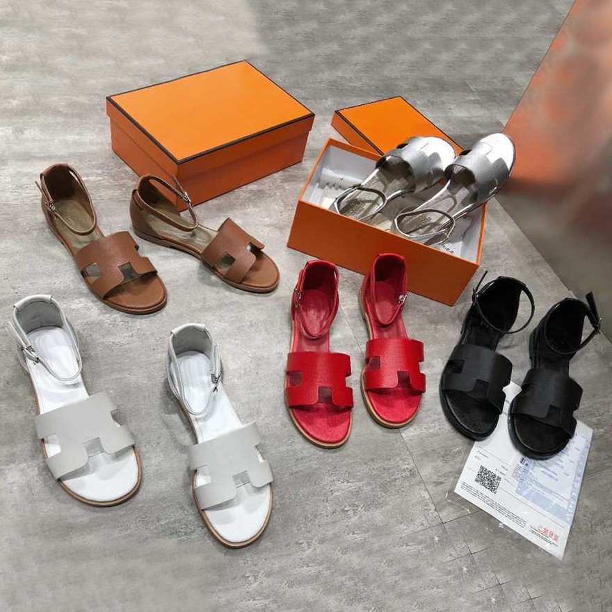 

Women Calfskin Leather High Heel Sandal Santorini Sandals Summer Classic Sandal Flat Wedge Shoes Slippers Beach Slides 35-41, 13