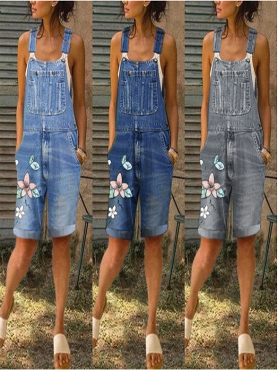 

Summer Denim Short Denim Jumpsuits Women Casual Floral Print Spaghetti Strap Playsuit Female Pockets Vintage Jeans Shorts Ladies, Blue