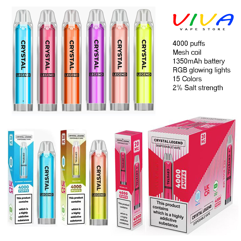 

Original Crystal Legend Disposable Vape 4000 Puffs E Cigarette Mesh Coil 1350mAh Battery 15 Flavrs 2mg Prefilled 12ml Pods Carts LED Vapes Pen Stick