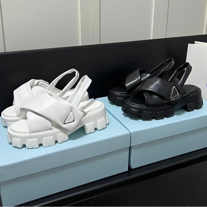 Designer Sandals Vintage Black White Sandals Flat Thick Bottom Platform High Heels Casual Shoes Triangle Buckle Womens Sandals-image-873822750
