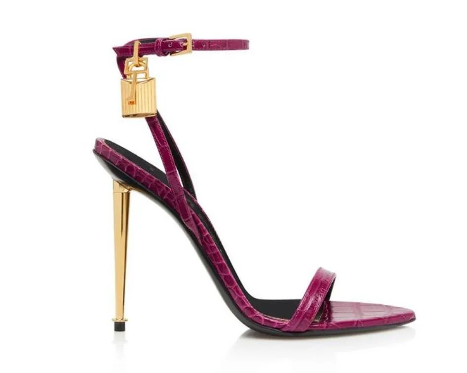 

23S Elegant Brand Women Padlock Pointy Naked Sandals Shoes Hardware Lock and key Women Metal Stiletto Heel Party Dress Wedding EU35-43 tom-fords-heel