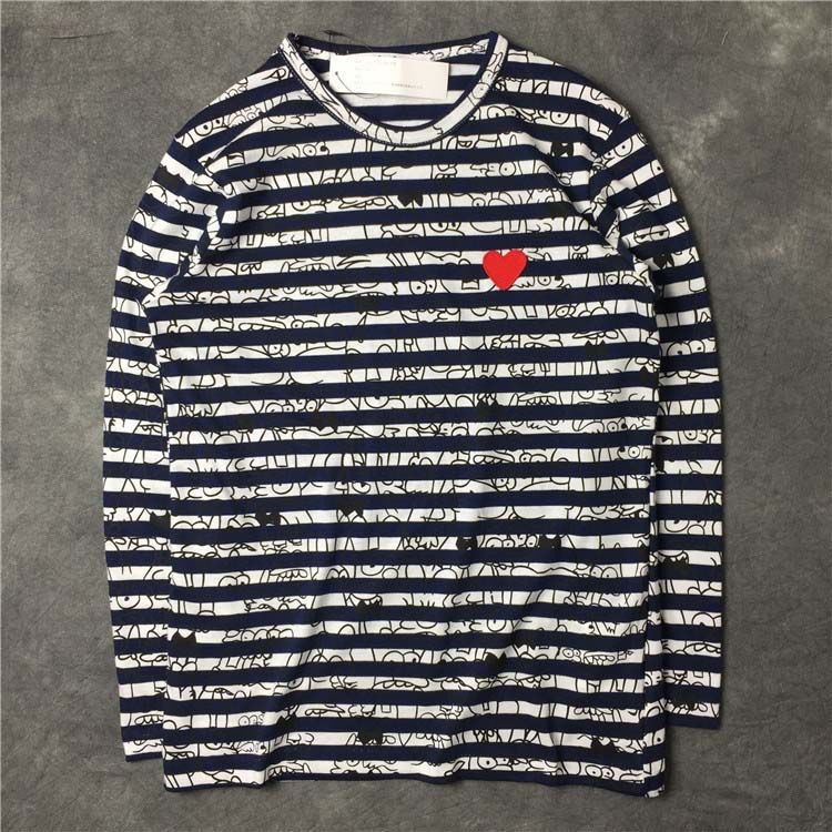 

Men's T-Shirts European American and Japanese women Graffiti stripe red heart embroidered cotton T-shirt autumn round neck female pure long sleeve T-shirts, 01
