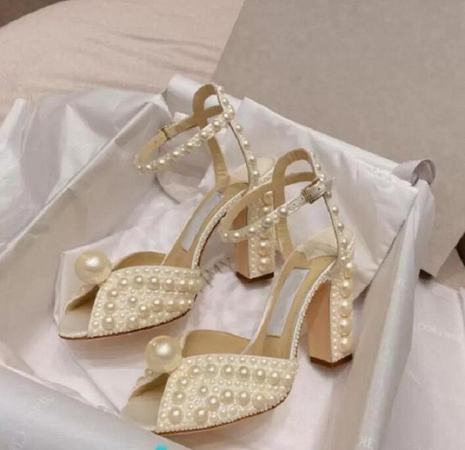 

Elegant Bride Wedding Dress Shoes Saracria Pearls Sandals White Pearls Embellished Sexy Nice High Heels Ankle StrapWomen's Pumps EU35-42 WITH BOX