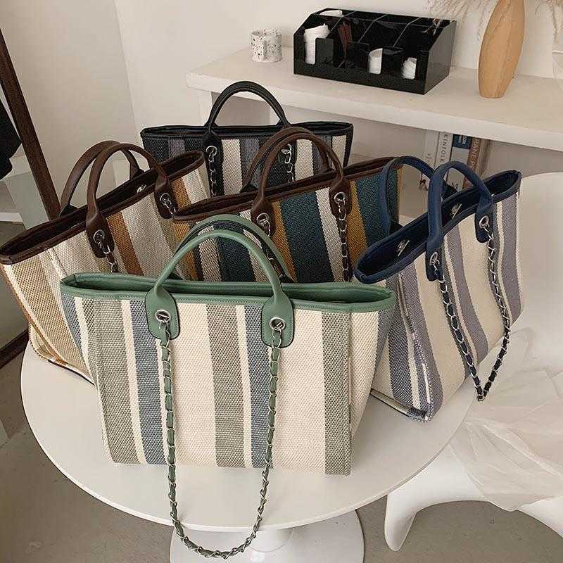

Stuff Sacks Striped Chain Handbag personalized fashion handbag autumn new simple color contrast Tote Bag, Khaki15