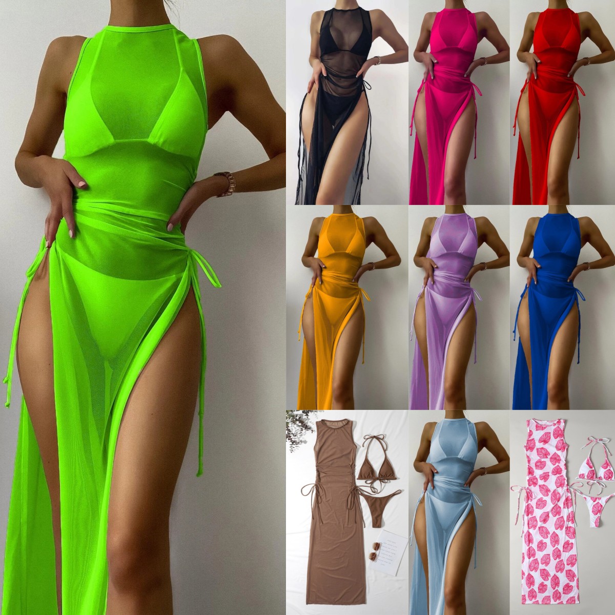 

Women' Designer Swimwear Swimming 3-piece Bikini Strap Swimsuit Set Summer Beach Bikinis Sexy Solid Mesh Dress Swimwear