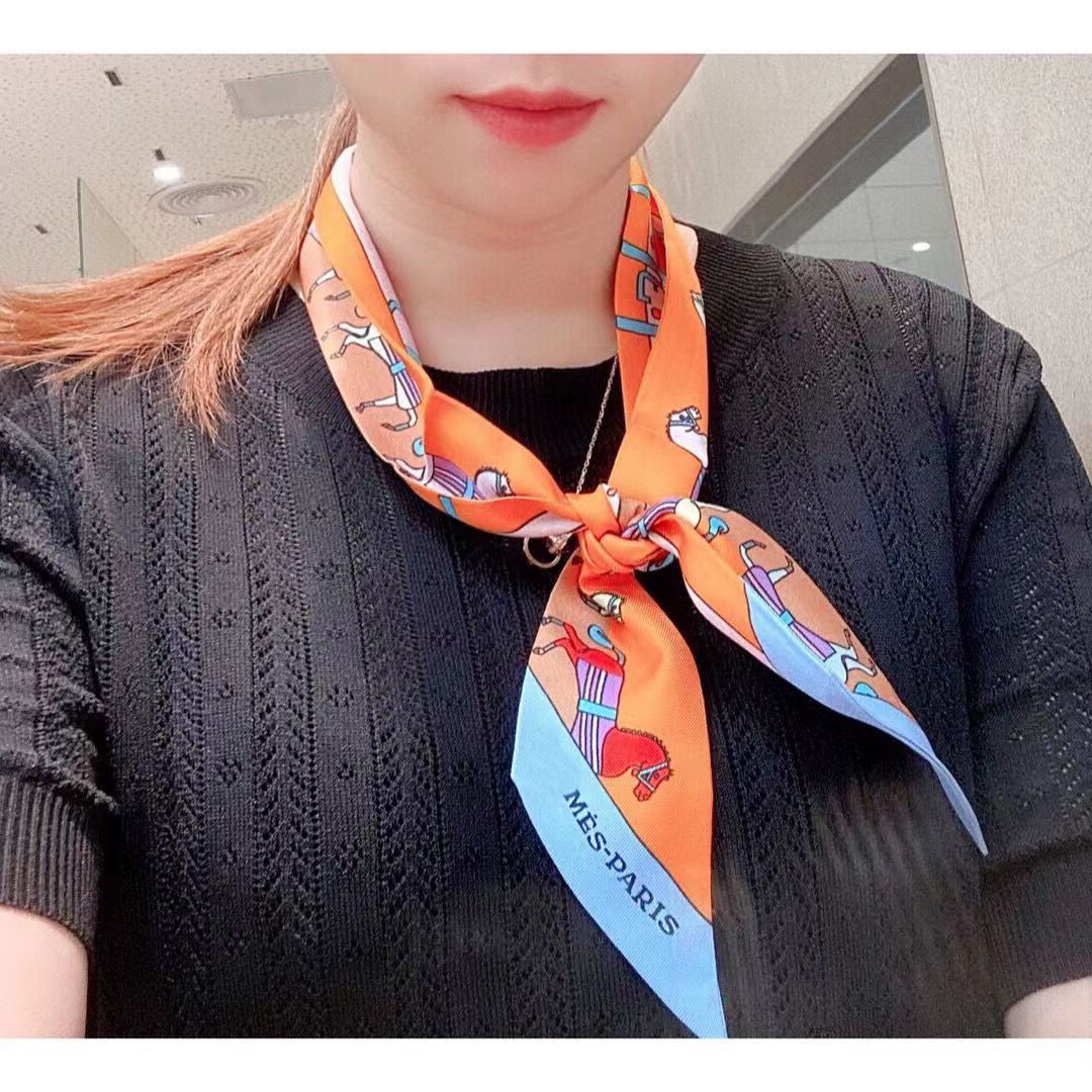 

H Silk Scarf Designer for Women Ascot Scarf Horse-drawn Carriage Patchwork Print Scarves Green Blue White Orange