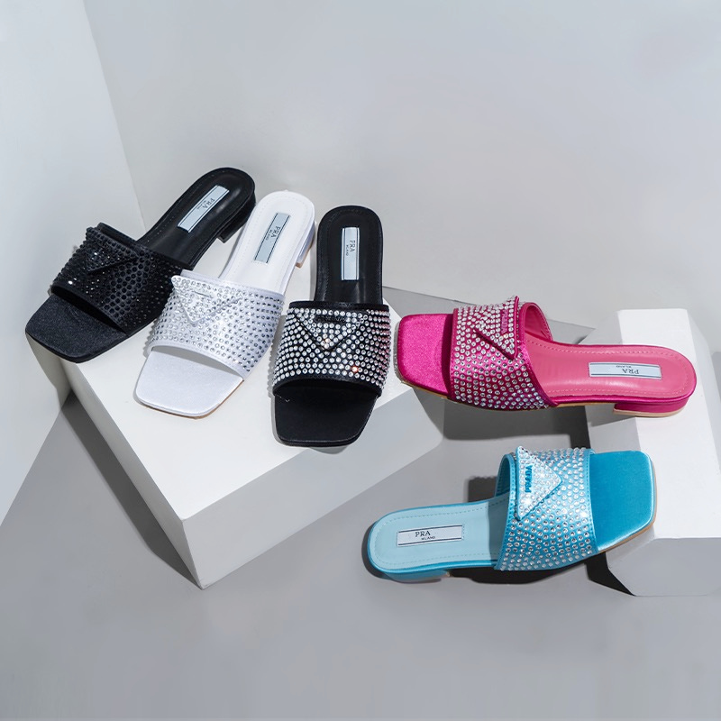 

Designer Slides Women Gemstone inlay Slippers Metallic Slide Sandals Luxury P Sandal Triangle Chunky Heels Fashion Summer Beach Low Heel Shoes