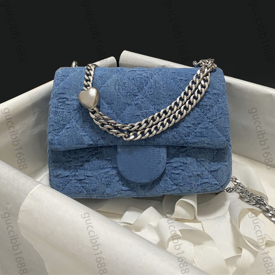 

10A Mirror Quality Designer Mini Square Flap Bag Womens Denim Quilted Purse Silver Heart Ball Luxury Real Leather Interior Handbag Crossbody Shoulder Chain Box Bag, About 12x19x8cm