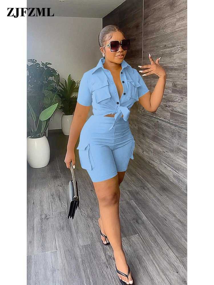 Women's Tracksuits Safari Style Neon 2 Piece Short Sets Women's Sweatshirt Lapel Neck Short Sleeve Blouse and Side Pockets Biker Short-image-852514866
