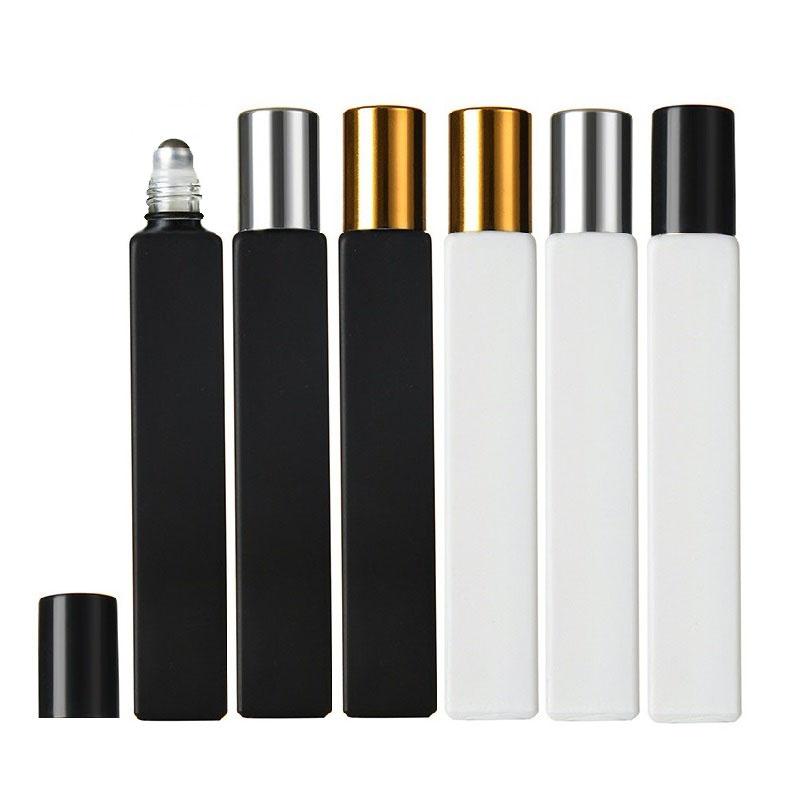 

Empty Square Glass Roll On Bottles 10ml Essential Oil Perfume Bottle with Matte Black/White Color Stainless Steel Roller Ball