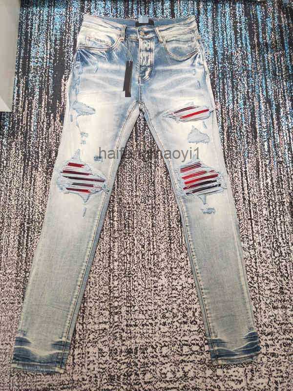 

designer men jeans new high street red rendering patchwork holes make old stickers jeans European and American tide brand, Light blue