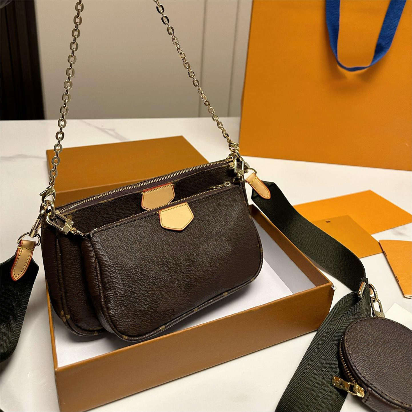 

5A Designer Bag Three Piece Crossbody Bag Luxury Optional Shoulder Strap Handbags Old Flower Totes Classic Mahjong Clutch Round Coin Bags Casual Purse Women Handbag, Rose shoulder strap