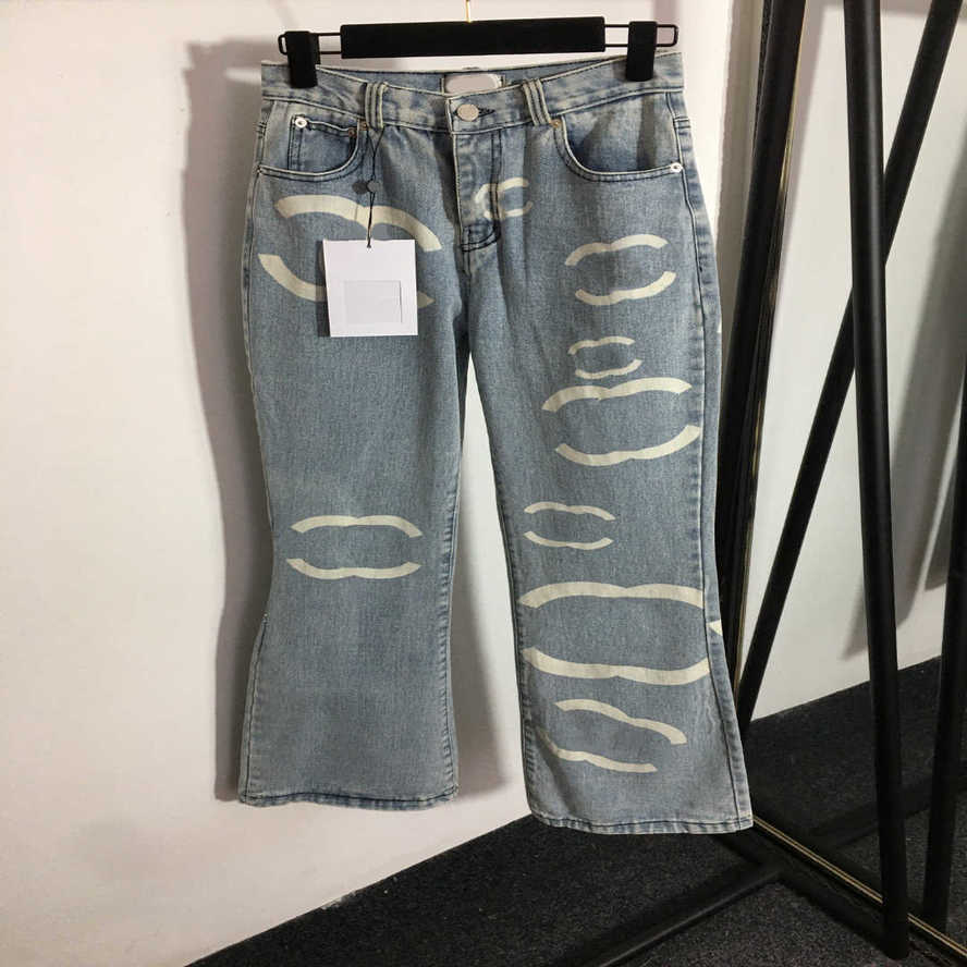

designer brand women jeans logo printed high-waisted denim bell bottoms Fashion high-waisted straight denim pants slacks high quality womens clothing