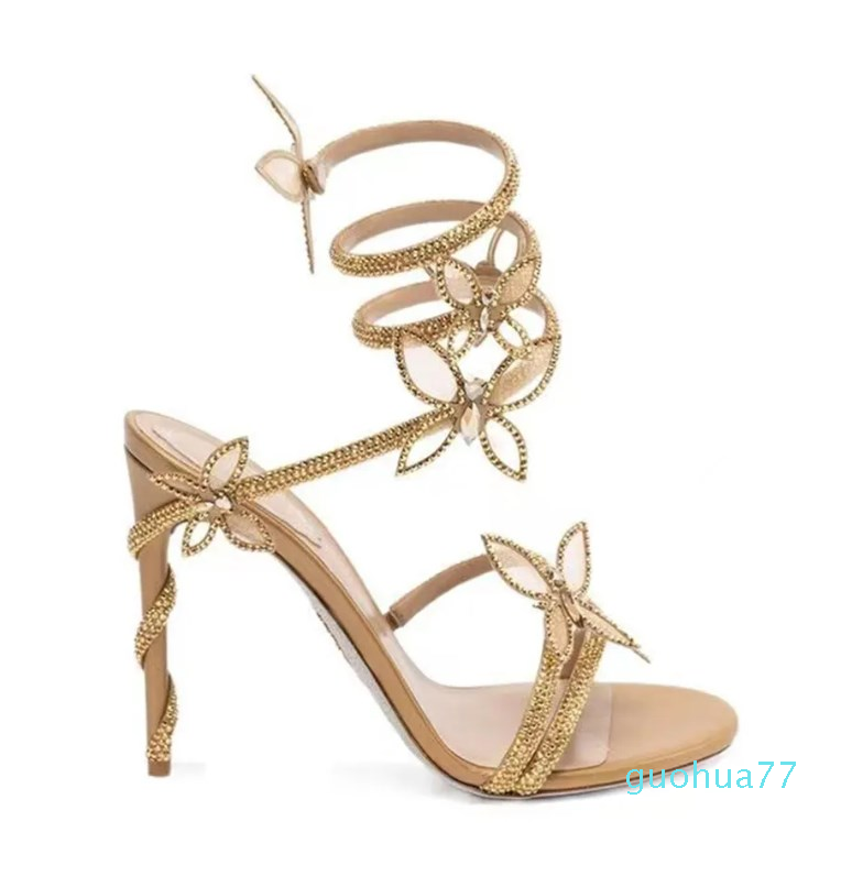 

Rene Caovilla butterfly crystal decorative high sandals stiletto women evening dress shoes 9.5cm Serpentine Wraparound luxury designer women's heelsh, Gold