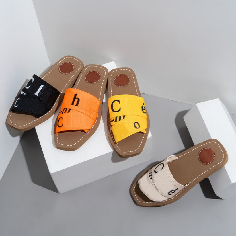 

CHIOE CLOE Woody Slippers beach outdoor Sandals pool Slides Sliders For Women Mules Flat Slide White Black yellow Lettering Fabric Canvas Woman Slipper Scuffs, Chle3203