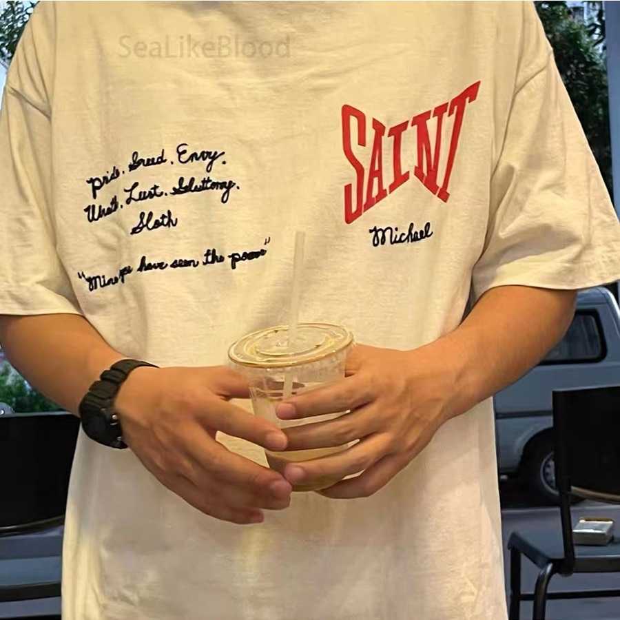 

Men' T-shirts Saint Michael Small Letter Embroidery Print Loose Short Sleeve Comfortable T-shirt for Men and Women Spring Summer, Making old rice white