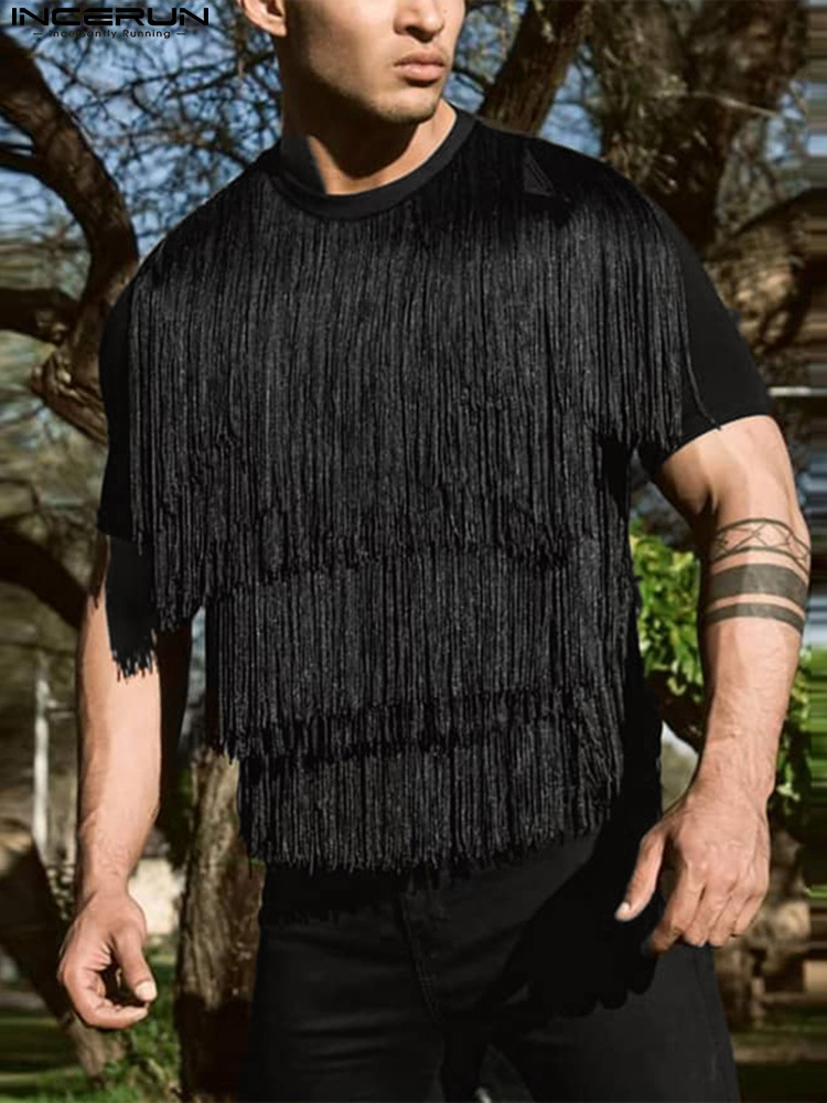 

Men  T Shirts INCERUN T Shirt Tassel O neck Short Sleeve Solid Color 2023 Fashion Clothing Streetwear Summer Casual Camisetas  5XL 230321, Black