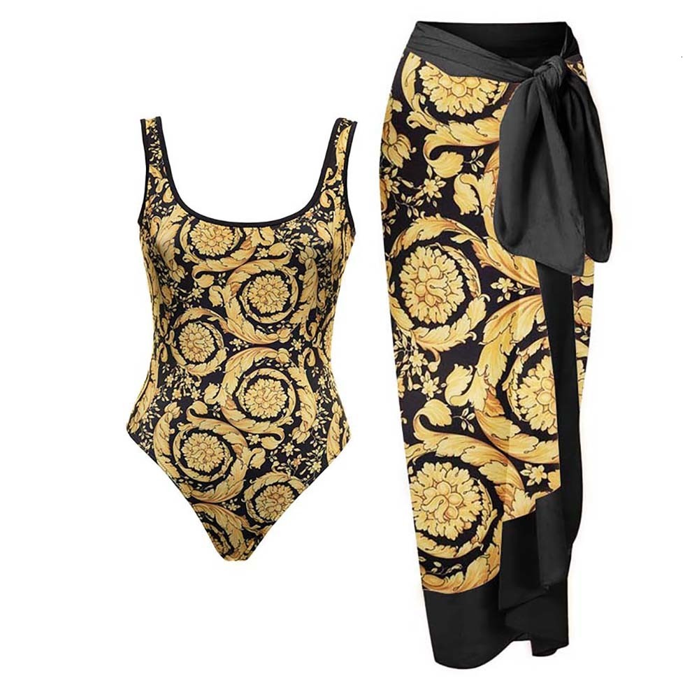 

Women's Swimwear Fashion Gold Print Crew Neck Swimsuit Feminine Slim Bikini Luxurious Colorblock Beach Suit Chic Elegant Strap Cover Up 230321
