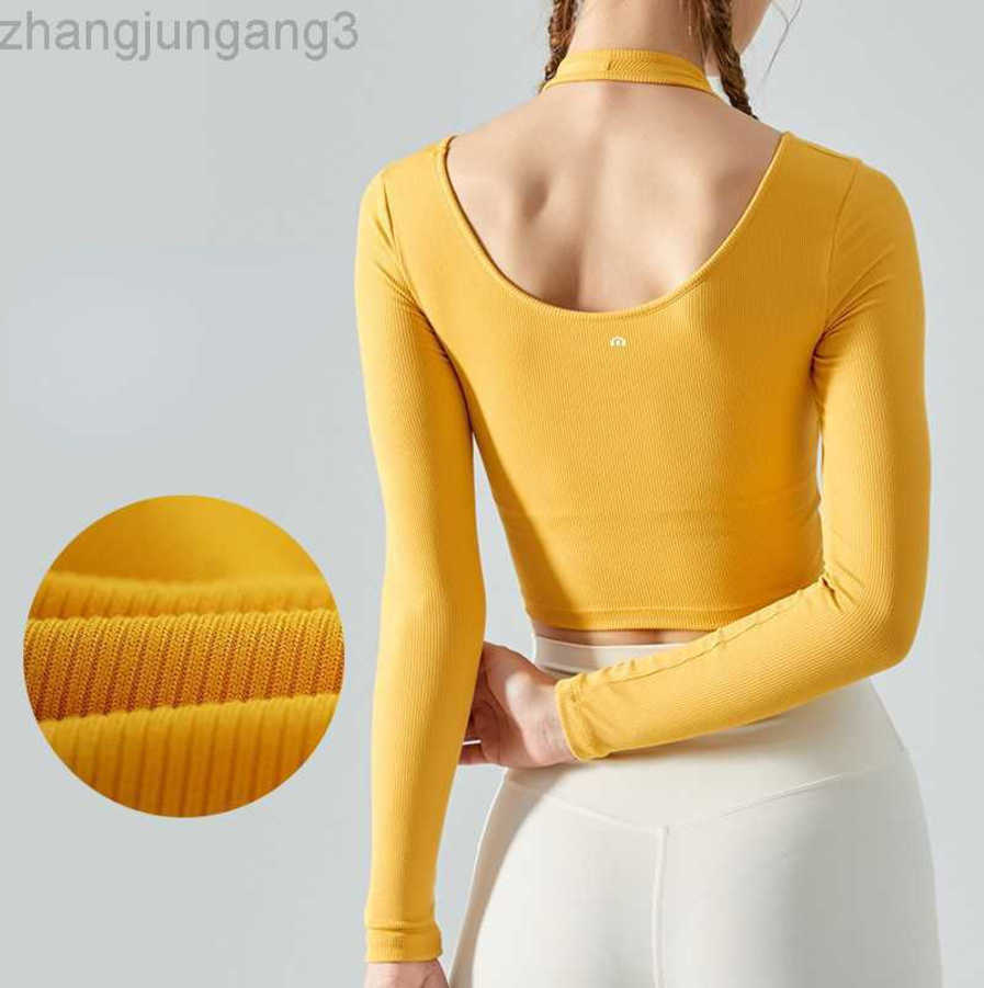 

Tops Lululemens t Shirt Lulus Lemon Original Yoga Suit Autumn and Winter Vacation Two Pieces Long Sleeve Women's Slim Fit Short Sports Top T-shirt Women, Cold coffee ash is the first choice