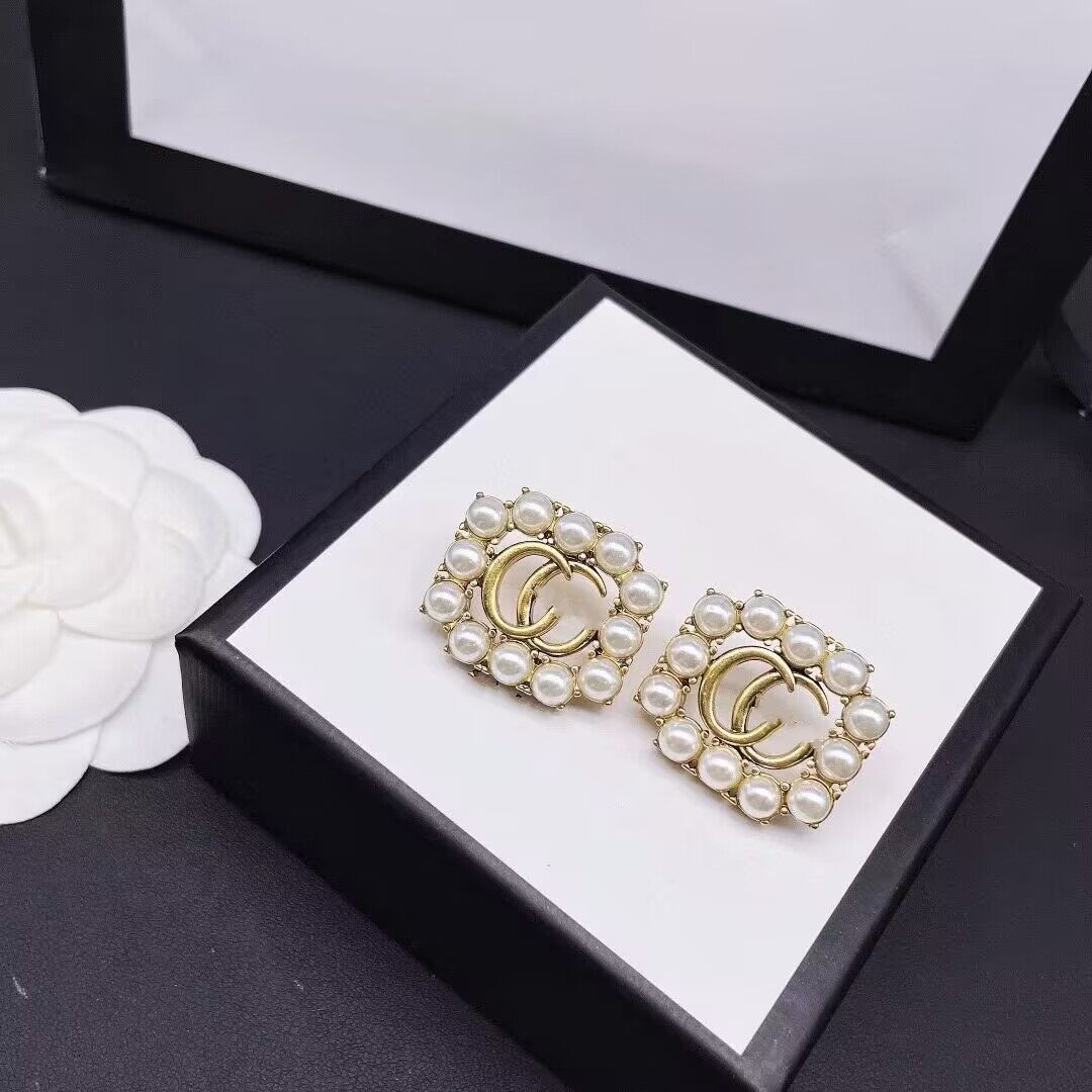 

Elegant Antique design pearl large G stud 18k yellow Gold women letter logo engrave dangle earrings girls wedding jewelry