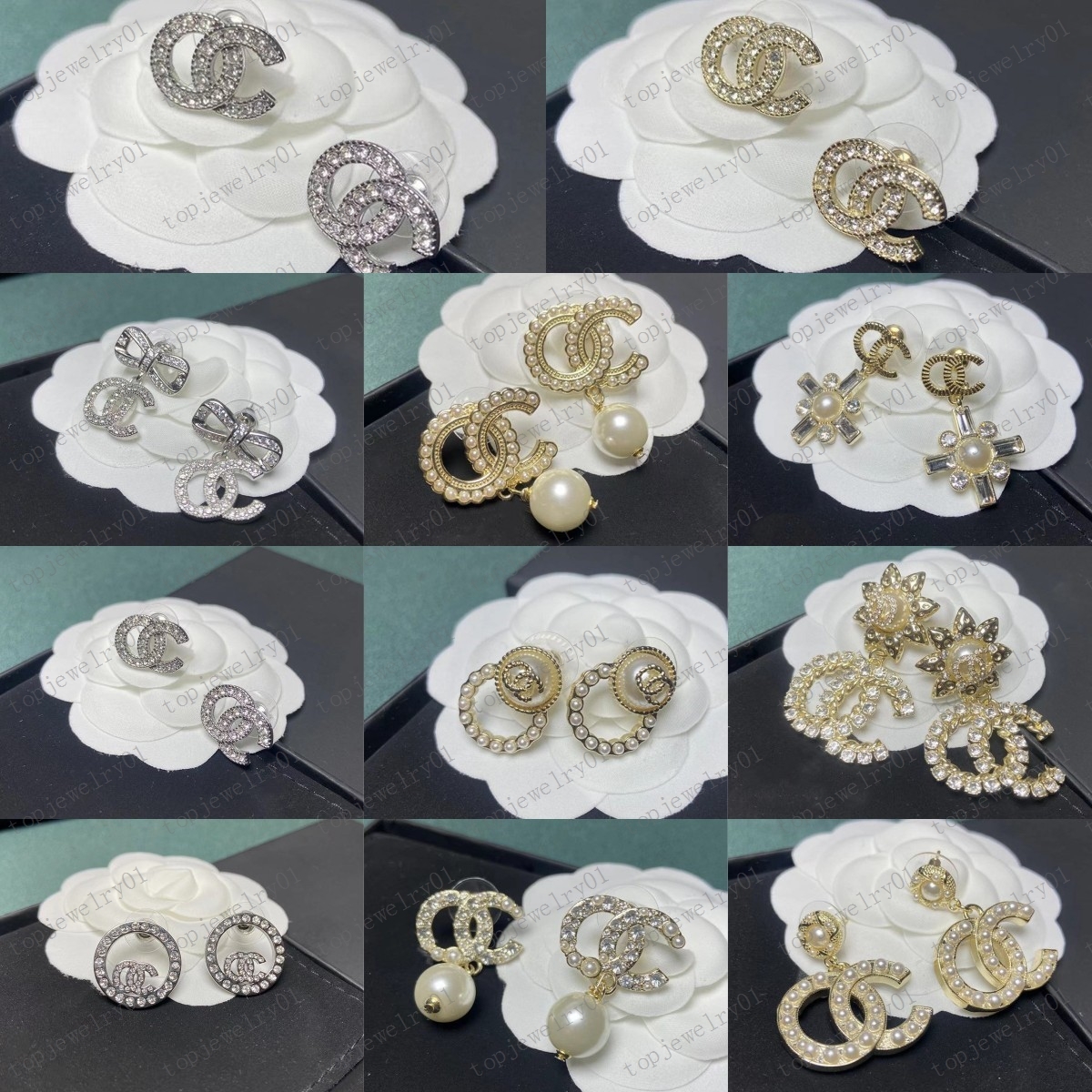 

Mixed 18K Gold Plated 925 Silver Luxury Simple Designers Letters Stud Geometric Famous Women Round Crystal Rhinestone Pearl Earring Wedding Party Jewerlry