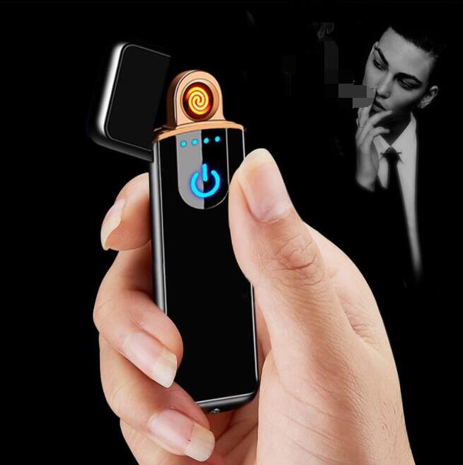 

Newest Ultra thin Fingerprint Touch Sensor Cigarette Lighter Electronic Rechargeable Double Side Metal Pulse USB Flameless Lighters 4 colors