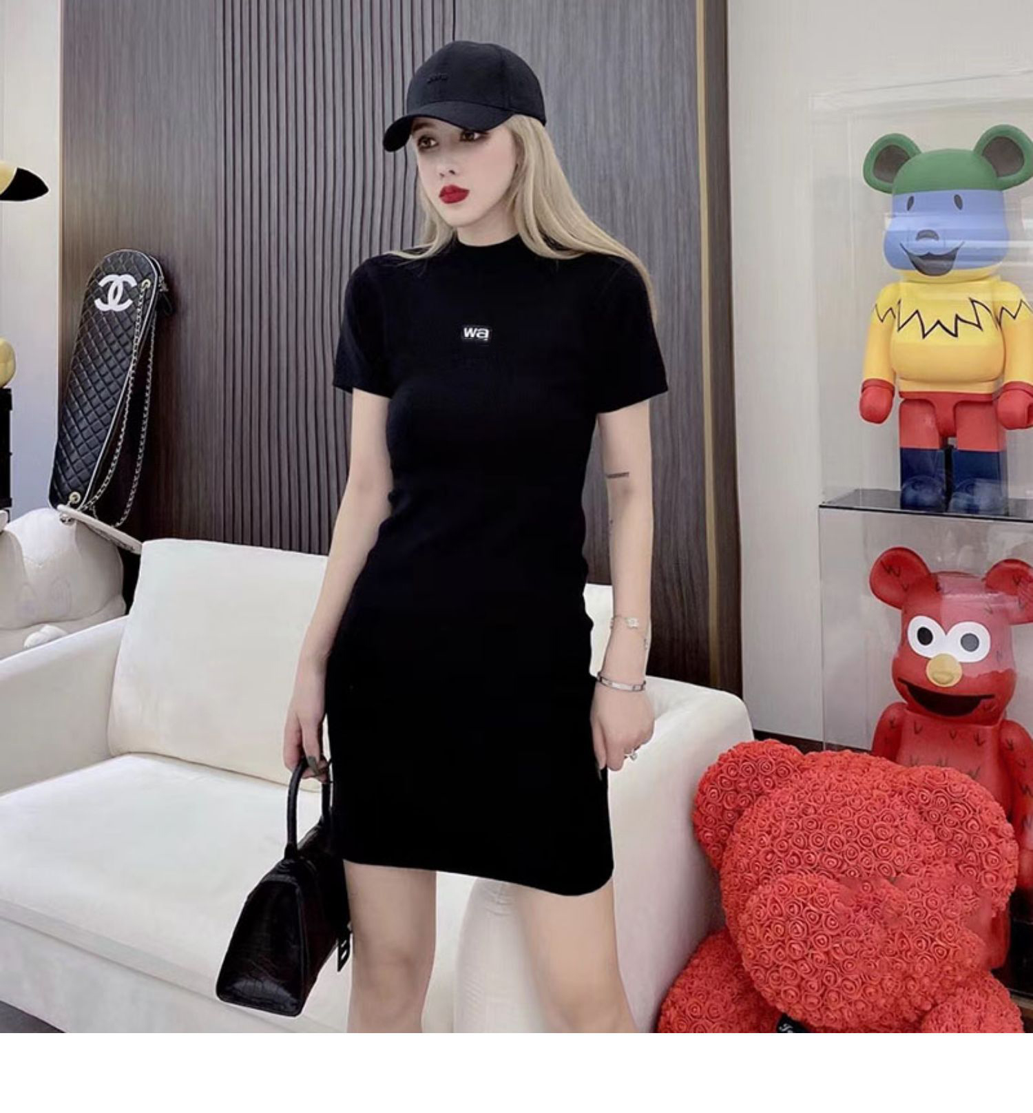 

Fashion Letter Printed Half Turtleneck Dresses Short Sleeve Knitted Mini Dress Summer Slim Fit Slimming Black Hip Bodycon Dress